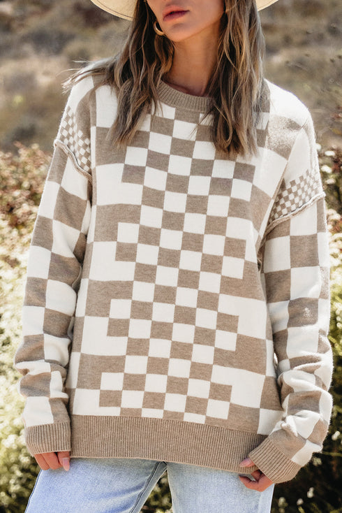 Mixed Pattern Checkered Drop Shoulder Knit Sweater