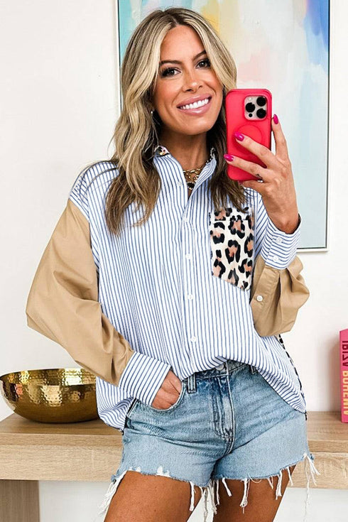 Mixed Pattern Contrast Sleeve Button Down Shirt