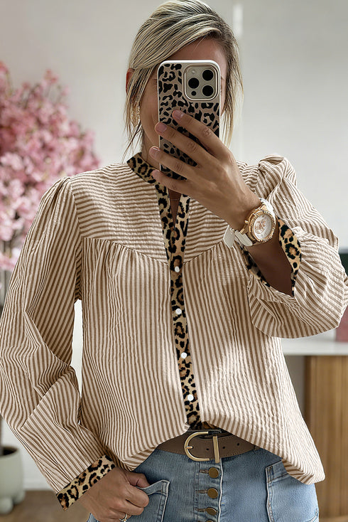 Mixed Pattern Crinkle Woven Button Front Blouse
