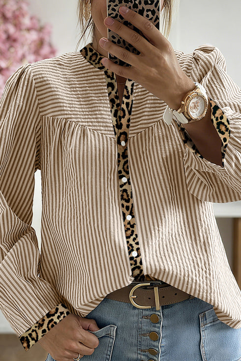 Mixed Pattern Crinkle Woven Button Front Blouse