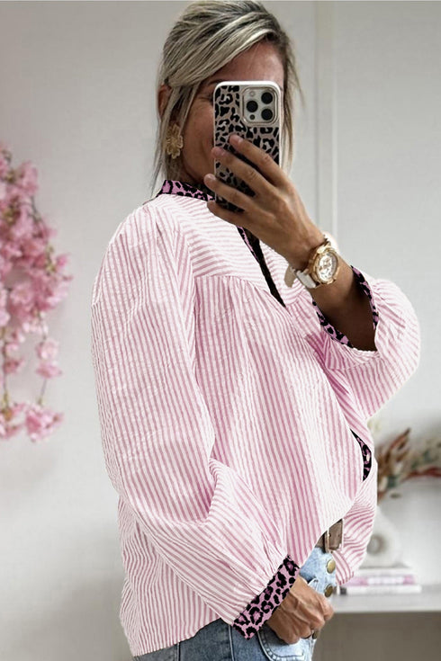 Mixed Pattern Crinkle Woven Button Front Blouse