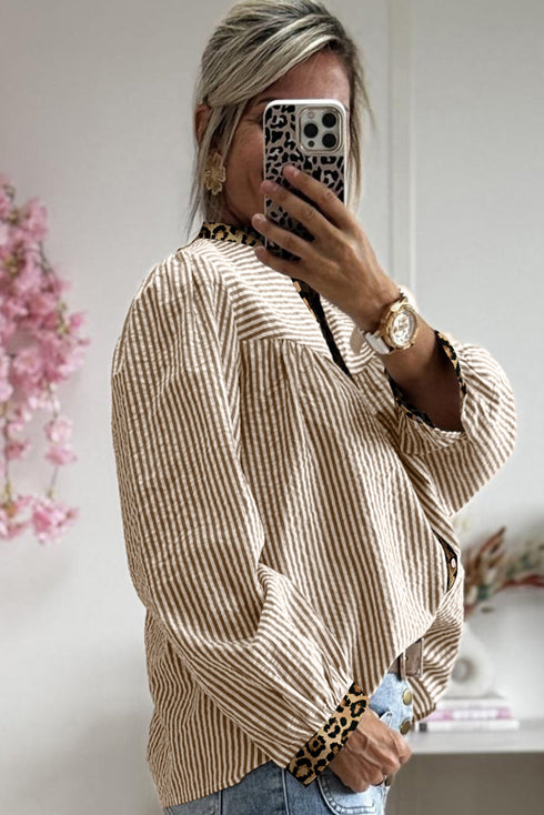 Mixed Pattern Crinkle Woven Button Front Blouse