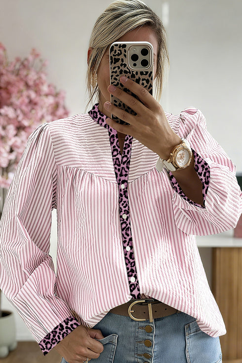 Mixed Pattern Crinkle Woven Button Front Blouse