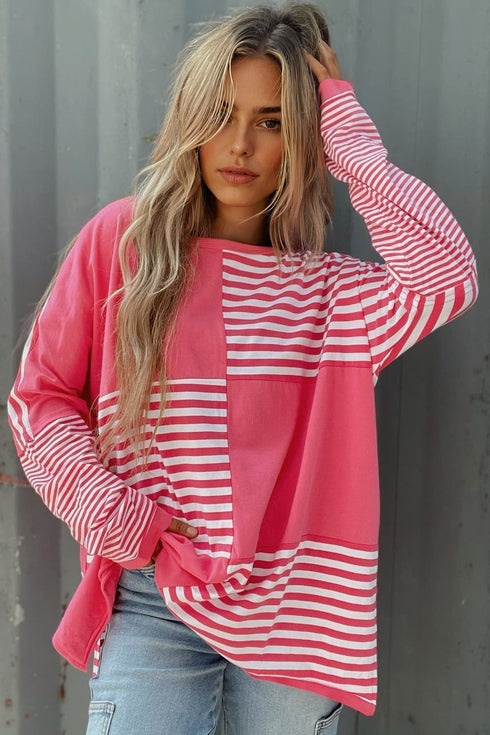 Mixed Pattern Drop Shoulder Crew Neck Long Sleeve Top
