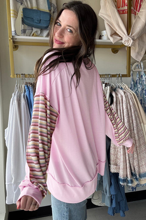Mixed Pattern Exposed Seam Button Front Henley Pullover