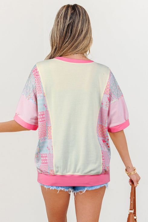 Mixed Pattern Floral Patchwork Big Flower Accent Top
