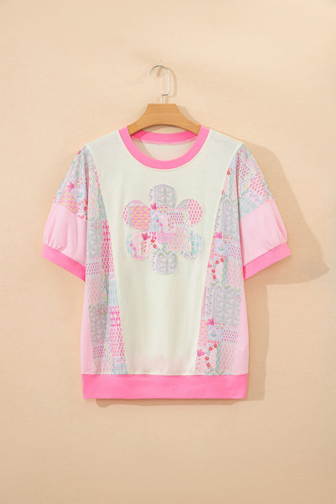 Mixed Pattern Floral Patchwork Big Flower Accent Top