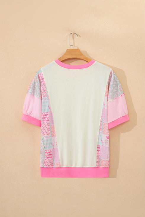 Mixed Pattern Floral Patchwork Big Flower Accent Top