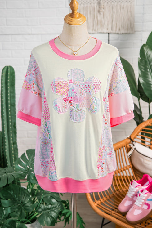 Mixed Pattern Floral Patchwork Big Flower Accent Top