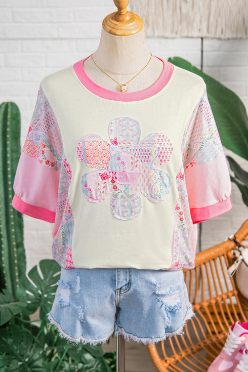 Mixed Pattern Floral Patchwork Big Flower Accent Top