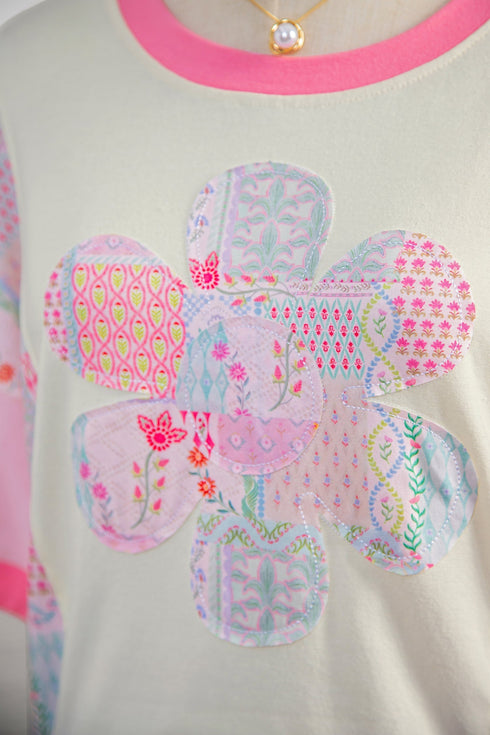 Mixed Pattern Floral Patchwork Big Flower Accent Top
