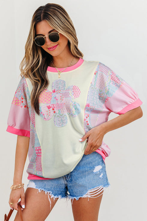 Mixed Pattern Floral Patchwork Big Flower Accent Top