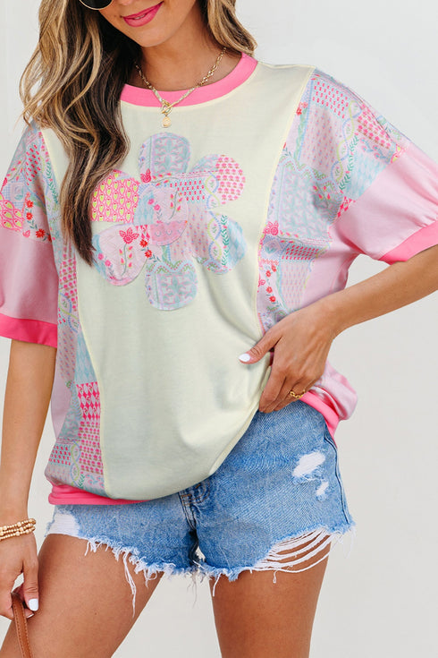 Mixed Pattern Floral Patchwork Big Flower Accent Top