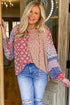 Mixed Pattern Long Sleeve Tie Neck Peasant Blouse