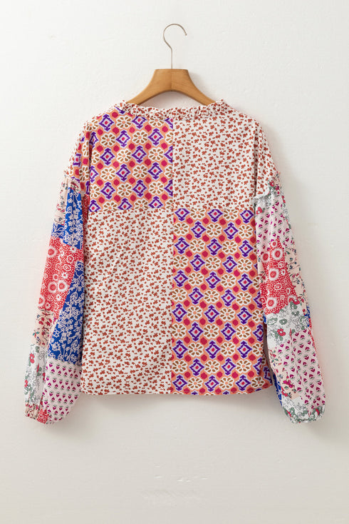 Mixed Pattern Long Sleeve Tie Neck Peasant Blouse