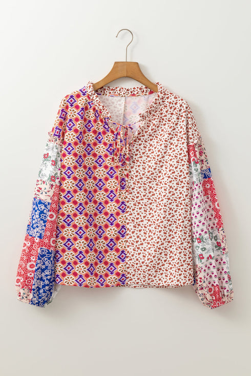Mixed Pattern Long Sleeve Tie Neck Peasant Blouse