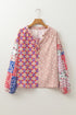 Mixed Pattern Long Sleeve Tie Neck Peasant Blouse