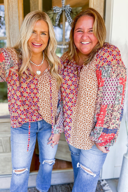 Mixed Pattern Long Sleeve Tie Neck Peasant Blouse