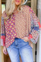 Mixed Pattern Long Sleeve Tie Neck Peasant Blouse
