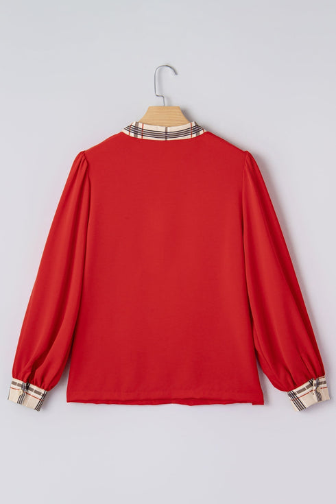 Mixed Pattern Patchwork V Neck Long Sleeve Blouse
