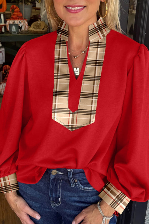 Mixed Pattern Patchwork V Neck Long Sleeve Blouse