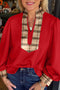 Mixed Pattern Patchwork V Neck Long Sleeve Blouse