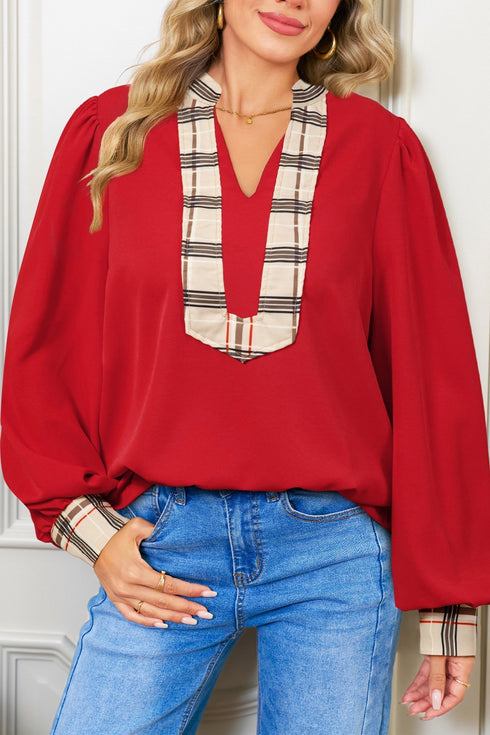 Mixed Pattern Patchwork V Neck Long Sleeve Blouse