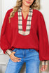 Mixed Pattern Patchwork V Neck Long Sleeve Blouse