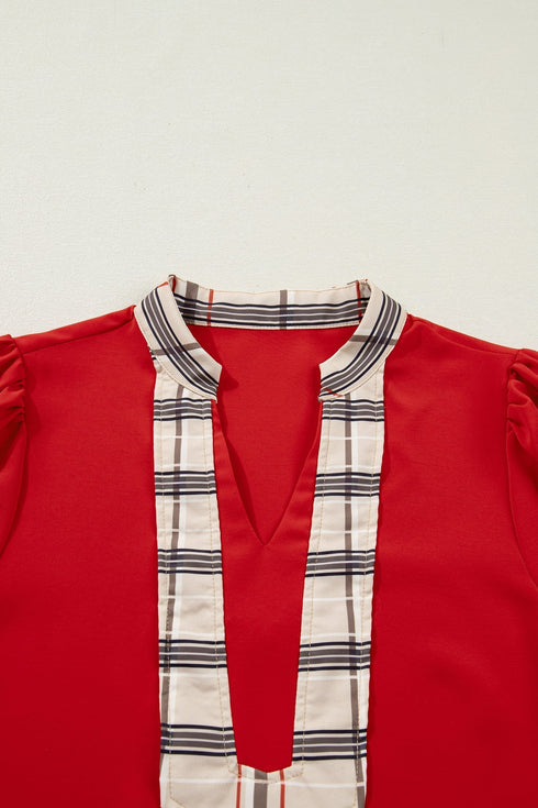 Mixed Pattern Patchwork V Neck Long Sleeve Blouse