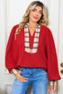 Mixed Pattern Patchwork V Neck Long Sleeve Blouse