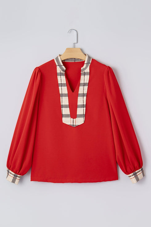 Mixed Pattern Patchwork V Neck Long Sleeve Blouse
