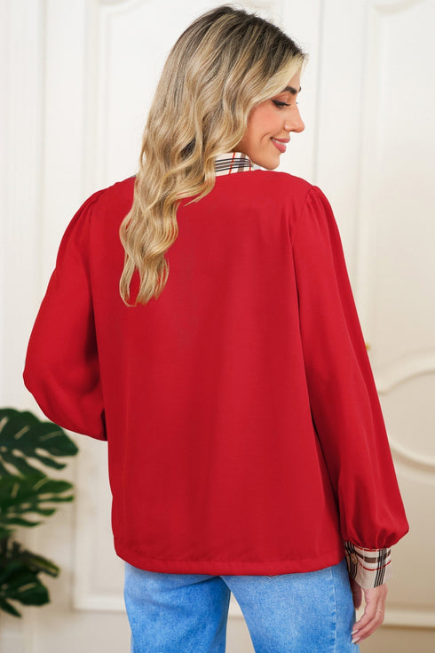 Mixed Pattern Patchwork V Neck Long Sleeve Blouse