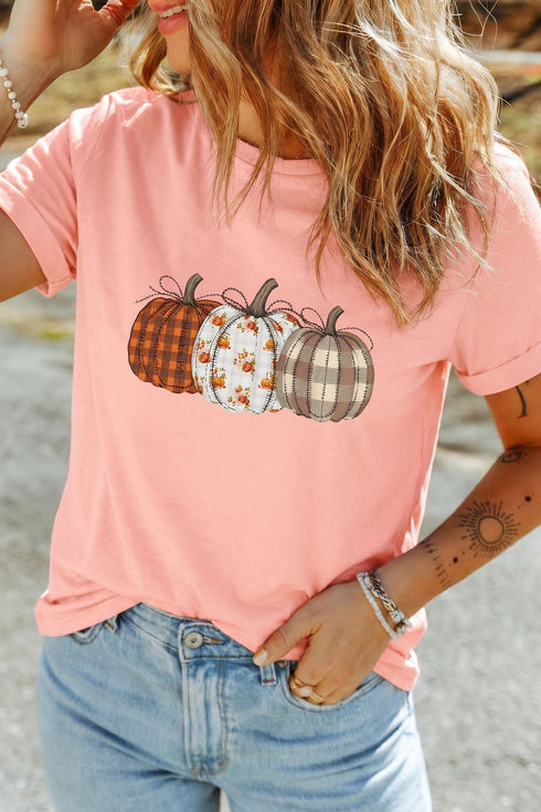 Mixed Pattern Pumpkin Print Round Neck Casual Graphic Tee