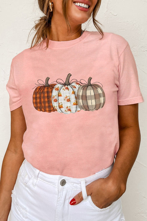 Mixed Pattern Pumpkin Print Round Neck Casual Graphic Tee