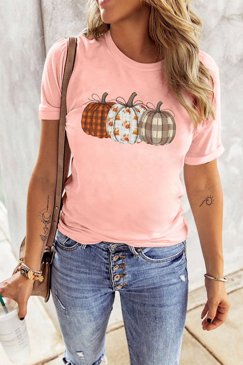 Mixed Pattern Pumpkin Print Round Neck Casual Graphic Tee