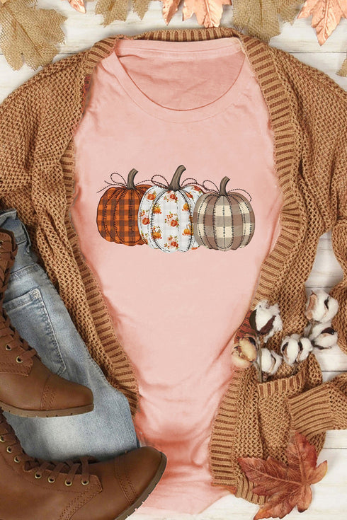 Mixed Pattern Pumpkin Print Round Neck Casual Graphic Tee