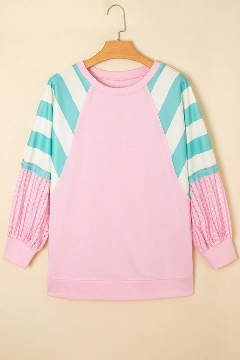 Mixed Pattern Raglan Sleeve Pullover Top With Side Slits