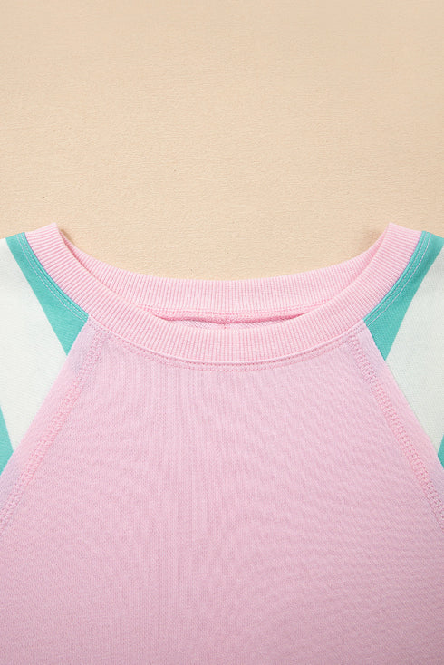 Mixed Pattern Raglan Sleeve Pullover Top With Side Slits