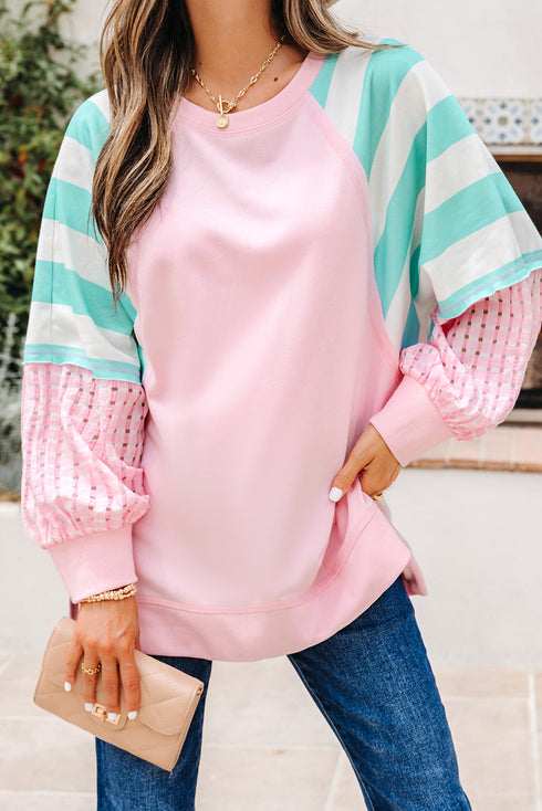 Mixed Pattern Raglan Sleeve Pullover Top With Side Slits