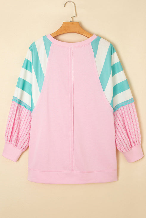 Mixed Pattern Raglan Sleeve Pullover Top With Side Slits