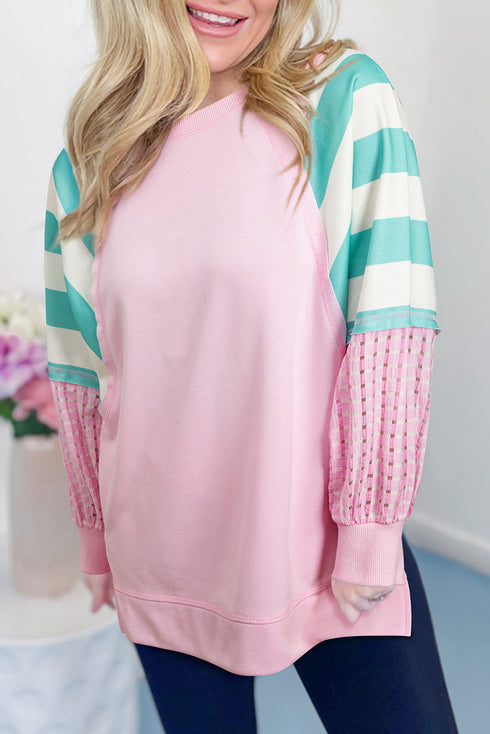 Mixed Pattern Raglan Sleeve Pullover Top With Side Slits
