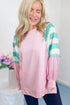 Mixed Pattern Raglan Sleeve Pullover Top With Side Slits