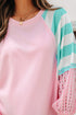 Mixed Pattern Raglan Sleeve Pullover Top With Side Slits