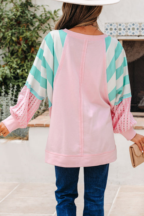 Mixed Pattern Raglan Sleeve Pullover Top With Side Slits