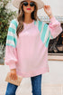 Mixed Pattern Raglan Sleeve Pullover Top With Side Slits