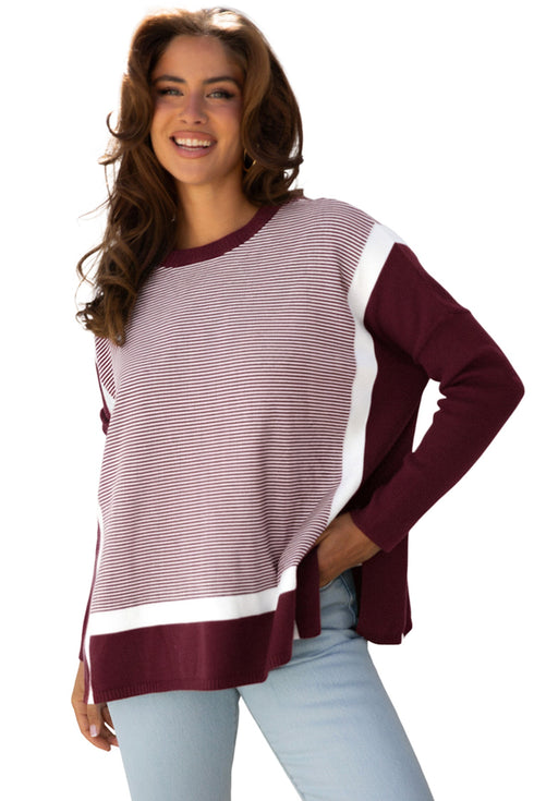 Mixed Pattern Relaxed Fit Crew Neck Sweater