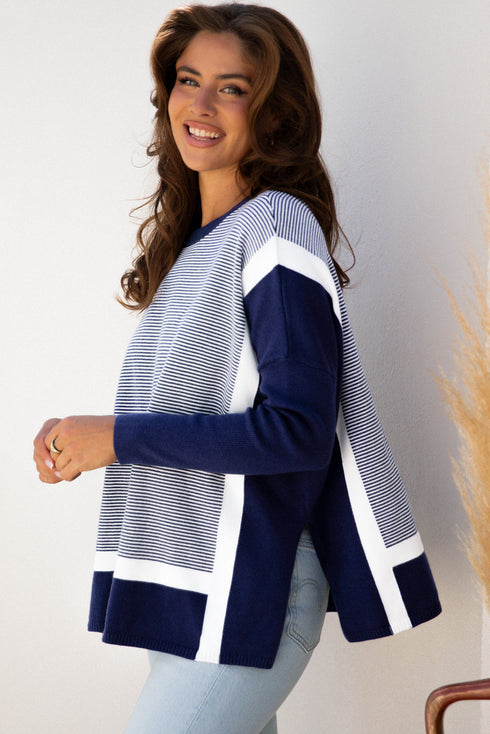 Mixed Pattern Relaxed Fit Crew Neck Sweater