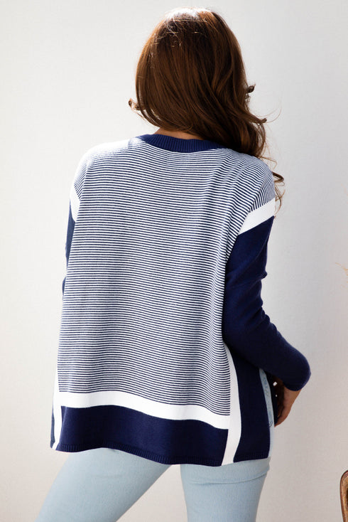 Mixed Pattern Relaxed Fit Crew Neck Sweater