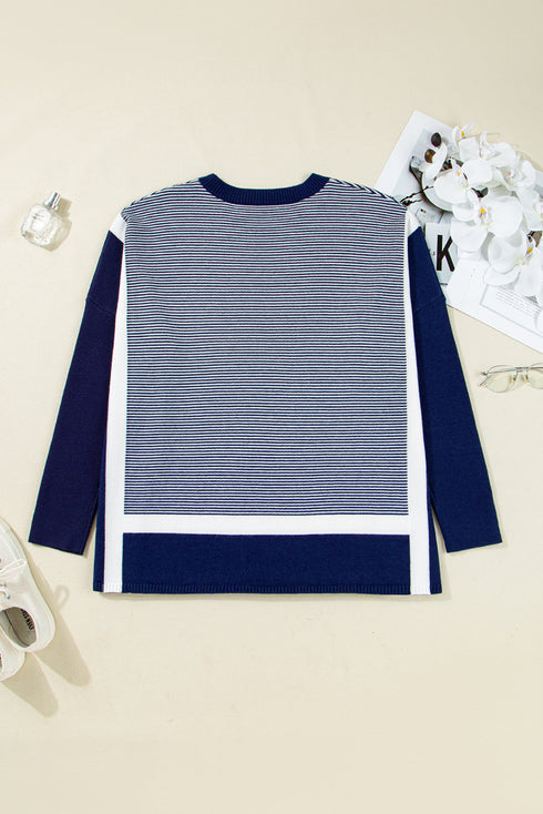 Mixed Pattern Relaxed Fit Crew Neck Sweater