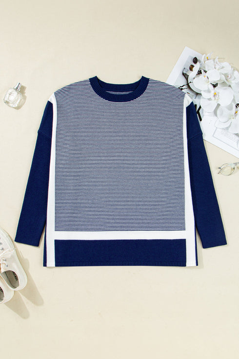 Mixed Pattern Relaxed Fit Crew Neck Sweater
